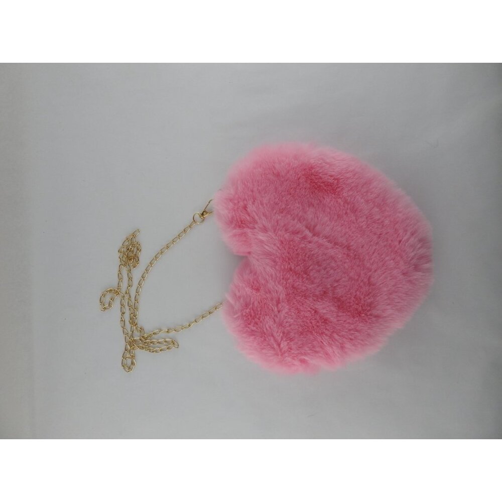 Pink Faux Fur Heart Purse Crossbody Bag Gold Chain Zipper Closure Valentines - Picture 4 of 4
